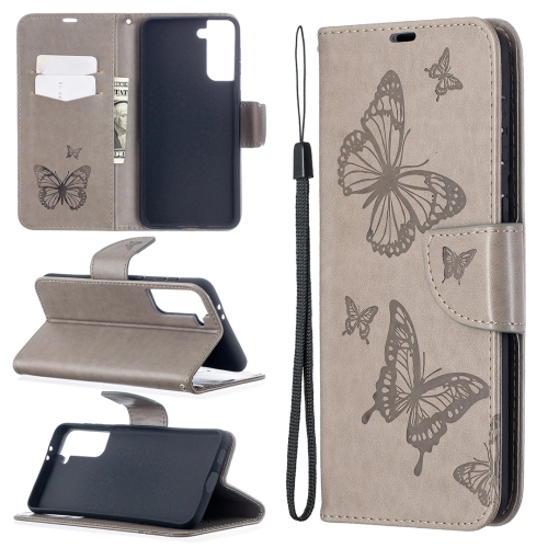 

For Samsung Galaxy S21+ 5G Embossing Two Butterflies Pattern Horizontal Flip PU Leather Case with Holder & Card Slot & Wallet & Lanyard(Grey)