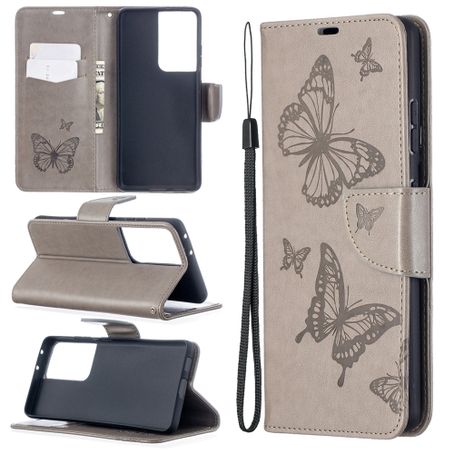 

For Samsung Galaxy S21 Ultra 5G Embossing Two Butterflies Pattern Horizontal Flip PU Leather Case with Holder & Card Slot & Wallet & Lanyard(Grey)