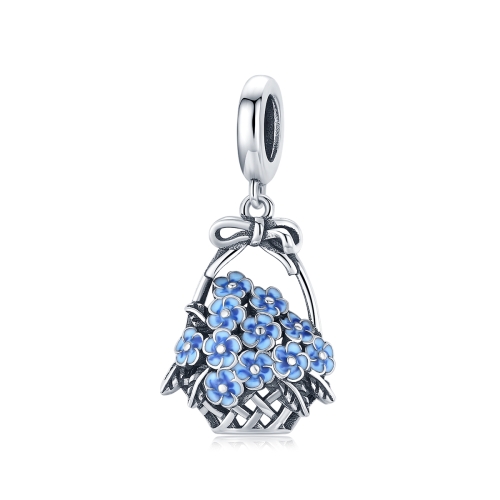 

S925 Sterling Silver Flower Basket Blue Flowers Pendant DIY Bracelet Necklace Accessories