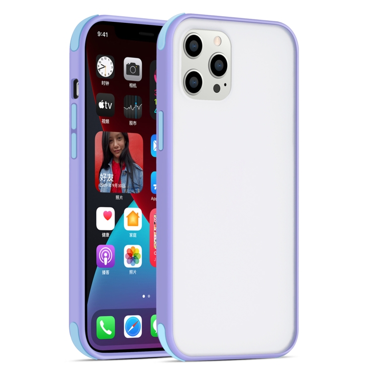 

Semi Transparent Frosted Series Shockproof Protective Case For iPhone 12 mini(Purple Gray+Light Blue Buttons)