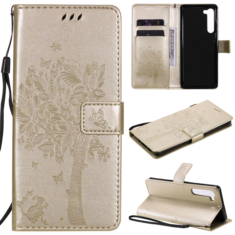

For Motorola Edge Tree & Cat Pattern Pressed Printing Horizontal Flip PU Leather Case with Holder & Card Slots & Wallet & Lanyard(Gold)