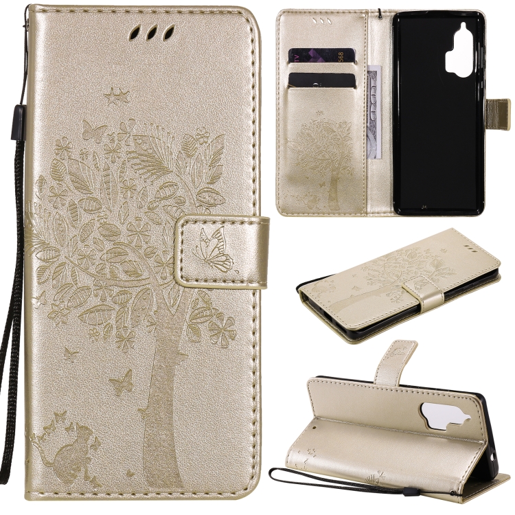 

For Motorola Edge+ Tree & Cat Pattern Pressed Printing Horizontal Flip PU Leather Case with Holder & Card Slots & Wallet & Lanyard(Gold)