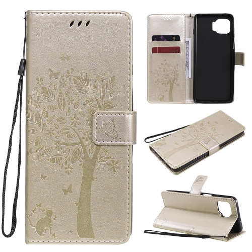 

For Motorola Moto G 5G Tree & Cat Pattern Pressed Printing Horizontal Flip PU Leather Case with Holder & Card Slots & Wallet & Lanyard(Gold)