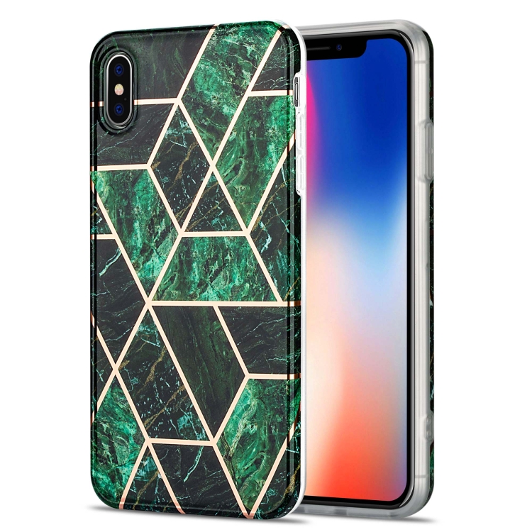 

Electroplating Stitching Marbled IMD Stripe Straight Edge Rubik Cube Phone Protective Case For iPhone XS Max(Emerald Green)