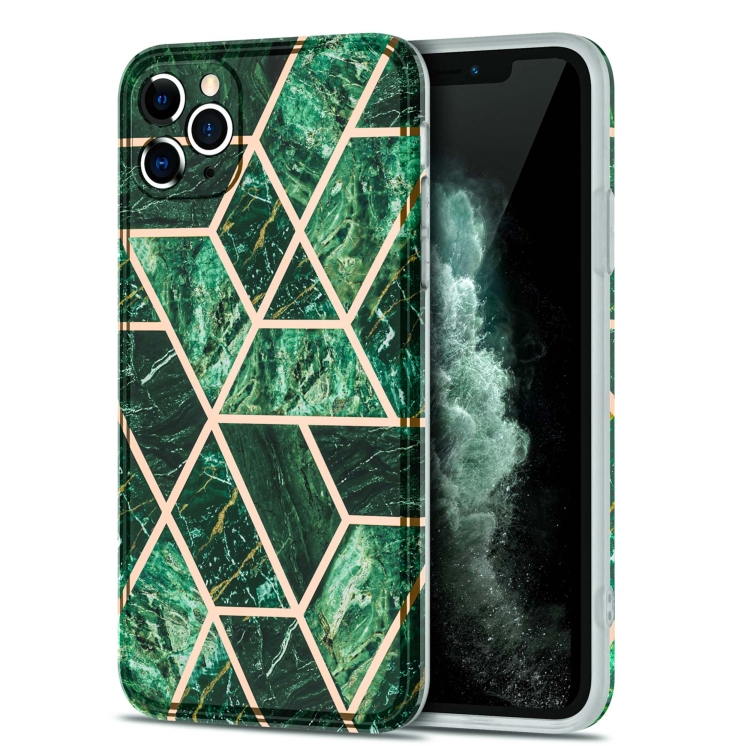 

Electroplating Stitching Marbled IMD Stripe Straight Edge Rubik Cube Phone Protective Case For iPhone 11 Pro Max(Emerald Green)