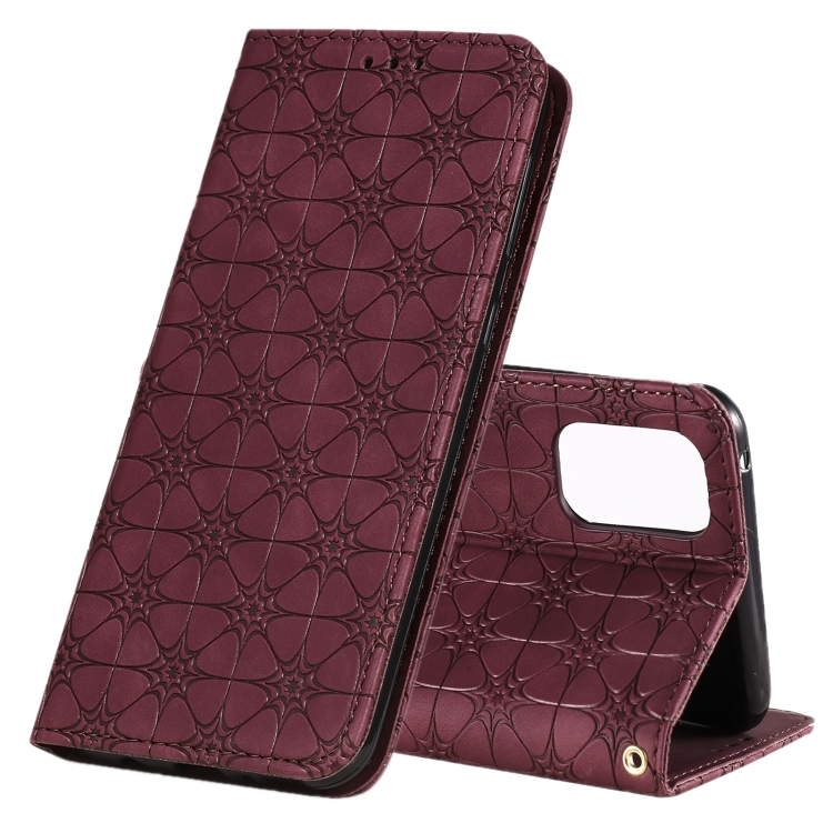 

For OPPO Realme 7 Pro Lucky Flowers Embossing Pattern Magnetic Horizontal Flip Leather Case with Holder & Card Slots(Wine Red)