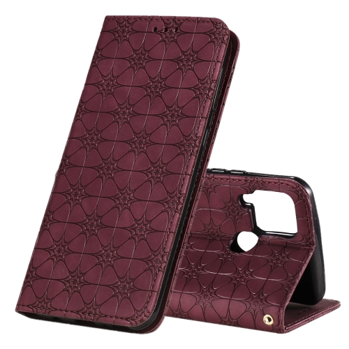 

For OPPO Realme C15 / C12 Lucky Flowers Embossing Pattern Magnetic Horizontal Flip Leather Case with Holder & Card Slots(Wine Red)