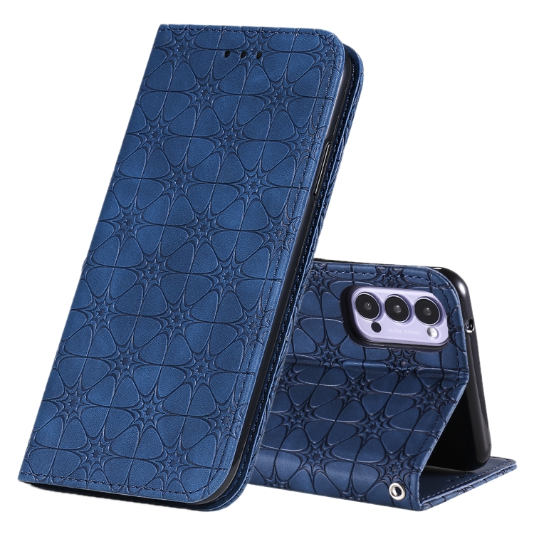 

For OPPO Reno4 5G Lucky Flowers Embossing Pattern Magnetic Horizontal Flip Leather Case with Holder & Card Slots(Dark Blue)