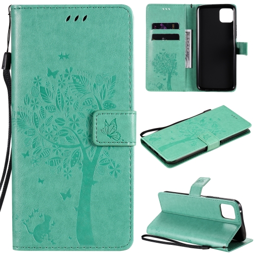 

For Huawei Enjoy 20 5G Tree & Cat Pattern Pressed Printing Horizontal Flip PU Leather Case with Holder & Card Slots & Wallet & Lanyard(Green)
