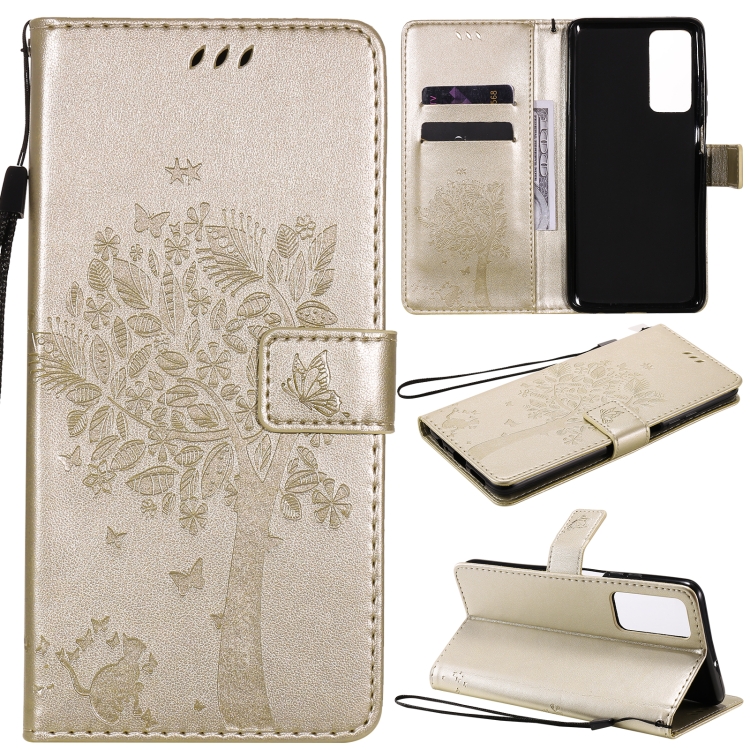 

For Huawei Maimang 9 Tree & Cat Pattern Pressed Printing Horizontal Flip PU Leather Case with Holder & Card Slots & Wallet & Lanyard(Gold)