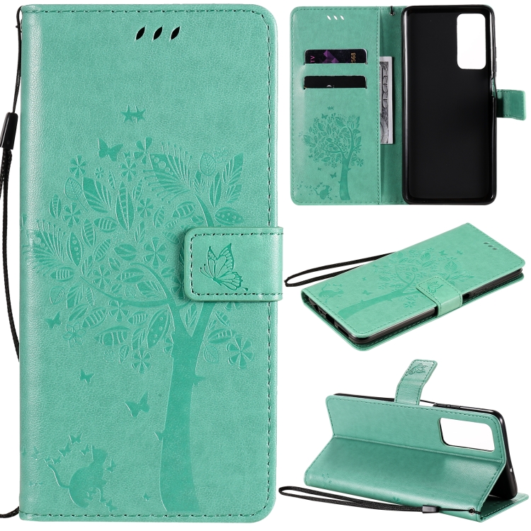 

For Huawei Maimang 9 Tree & Cat Pattern Pressed Printing Horizontal Flip PU Leather Case with Holder & Card Slots & Wallet & Lanyard(Green)