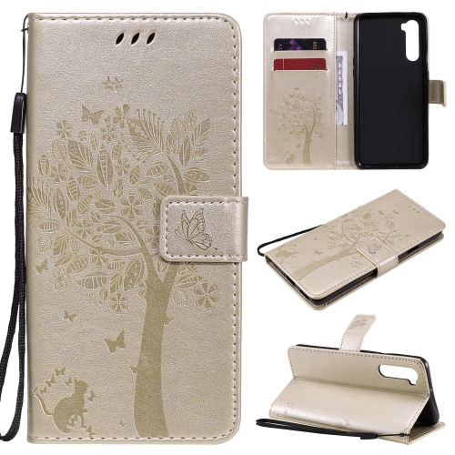 

For OnePlus Nord Tree & Cat Pattern Pressed Printing Horizontal Flip PU Leather Case with Holder & Card Slots & Wallet & Lanyard(Gold)