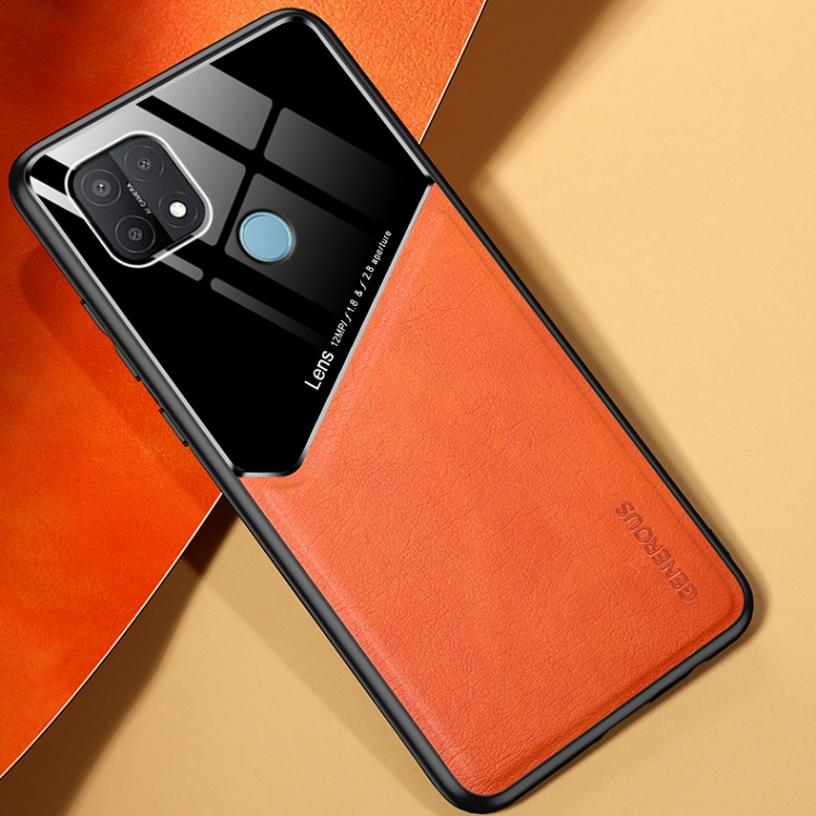 

For OPPO A15 All-inclusive Leather + Organic Glass Protective Case with Metal Iron Sheet(Yellow)