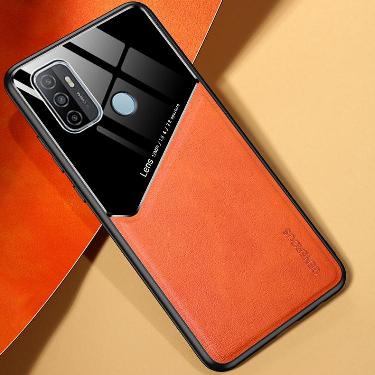 

For OPPO A53 (2020) All-inclusive Leather + Organic Glass Protective Case with Metal Iron Sheet(Yellow)