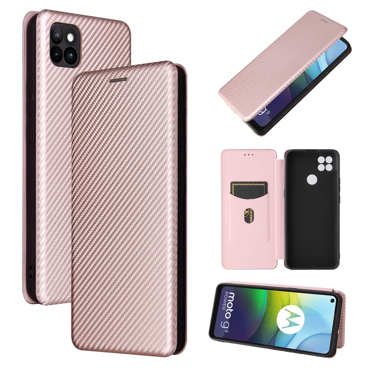 

For Motorola Moto G9 Power Carbon Fiber Texture Magnetic Horizontal Flip TPU + PC + PU Leather Case with Card Slot(Pink)