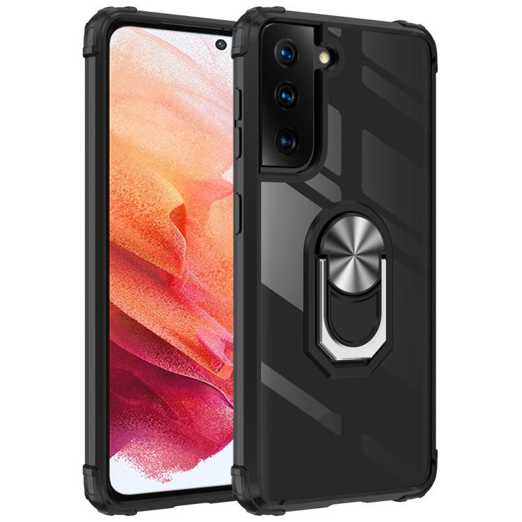 

For Samsung Galaxy S30 Shockproof Transparent TPU + Acrylic Protective Case with Ring Holder(Black Silver)