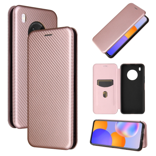 

For Huawei Y9a Carbon Fiber Texture Magnetic Horizontal Flip TPU + PC + PU Leather Case with Card Slot(Pink)