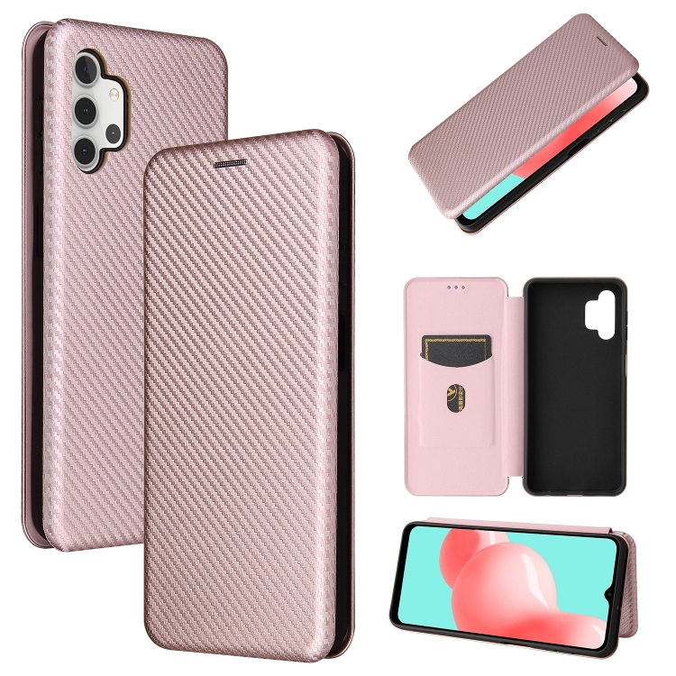 

For Samsung Galaxy A32 Carbon Fiber Texture Magnetic Horizontal Flip TPU + PC + PU Leather Case with Card Slot(Pink)