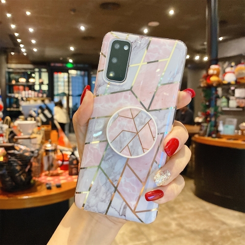 

For Samsung Galaxy A41 Splicing Marble Pattern Gilding TPU Protective Case with Foldable Holder(Pink Grey)