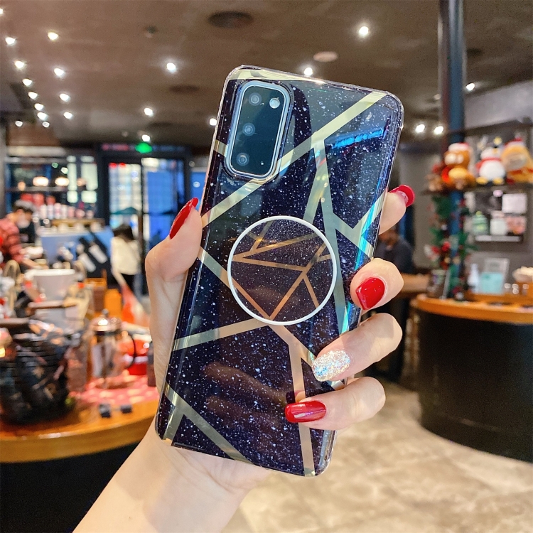 

For Samsung Galaxy A41 Splicing Marble Pattern Gilding TPU Protective Case with Foldable Holder(Black)