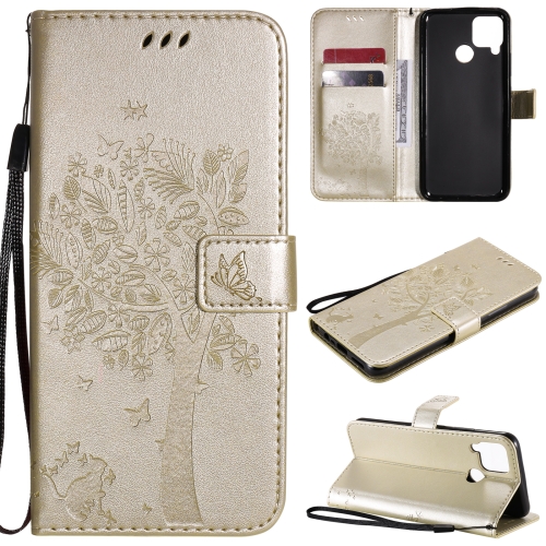 

For OPPO Realme C12 / C15 Tree & Cat Embossed Pattern Horizontal Flip Leather Case with Holder & Card Slots & Wallet & Lanyard(Gold)