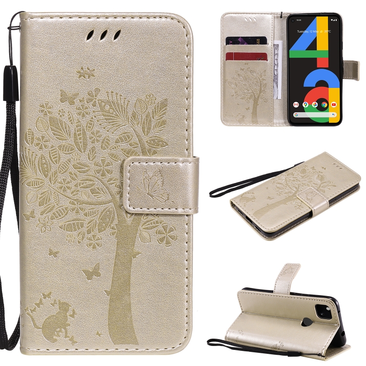 

For Google Pixel 4a 4G Tree & Cat Embossed Pattern Horizontal Flip Leather Case with Holder & Card Slots & Wallet & Lanyard(Gold)
