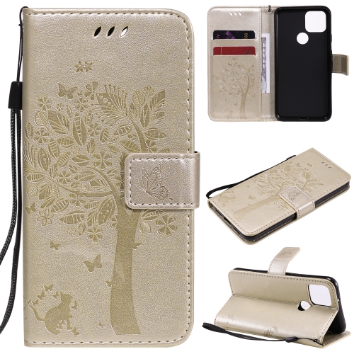 

For Google Pixel 5 Tree & Cat Embossed Pattern Horizontal Flip Leather Case with Holder & Card Slots & Wallet & Lanyard(Gold)