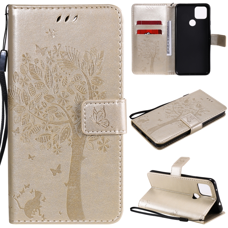

For Google Pixel 4a 5G / Pixel 5 XL Tree & Cat Embossed Pattern Horizontal Flip Leather Case with Holder & Card Slots & Wallet & Lanyard(Gold)