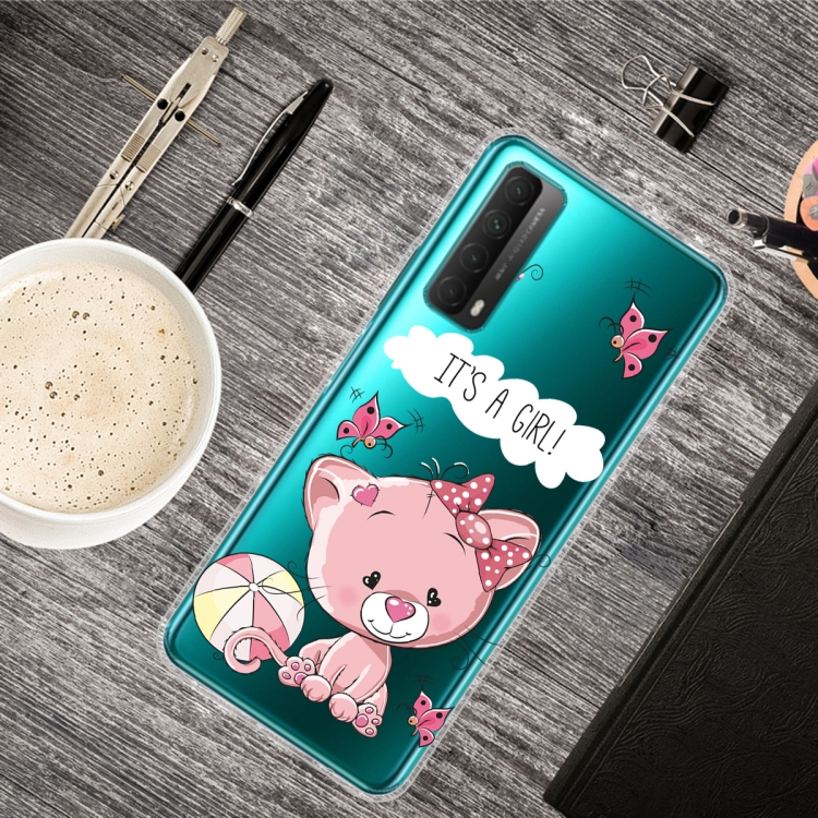 

For Huawei P Smart 2021 Shockproof Painted Transparent TPU Protective Case(Cute Cat)