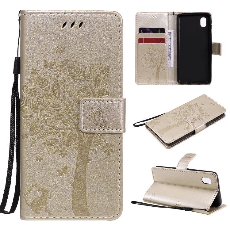 

For Samsung Galaxy A01 Core Tree & Cat Pattern Pressed Printing Horizontal Flip PU Leather Case with Holder & Card Slots & Wallet & Lanyard(Gold)