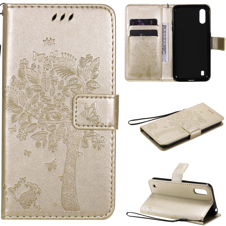 

For Samsung Galaxy M01 Tree & Cat Pattern Pressed Printing Horizontal Flip PU Leather Case with Holder & Card Slots & Wallet & Lanyard(Gold)