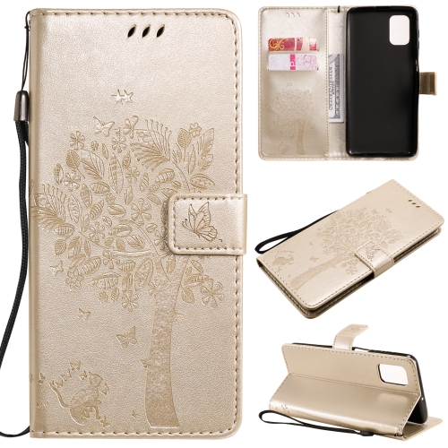 

For Samsung Galaxy M51 Tree & Cat Pattern Pressed Printing Horizontal Flip PU Leather Case with Holder & Card Slots & Wallet & Lanyard(Gold)