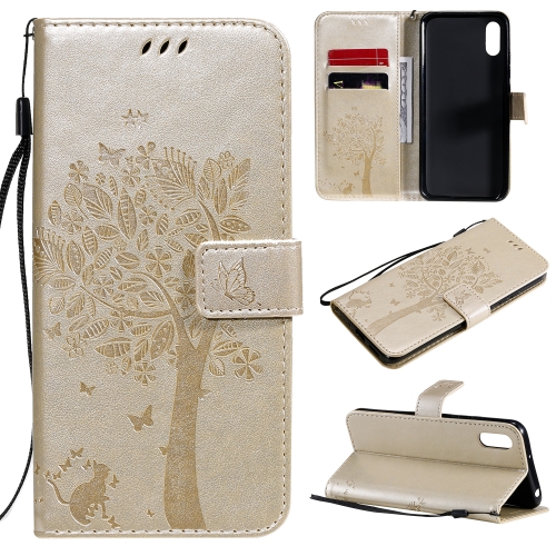 

For Xiaomi Redmi 9A Tree & Cat Pattern Pressed Printing Horizontal Flip PU Leather Case with Holder & Card Slots & Wallet & Lanyard(Gold)