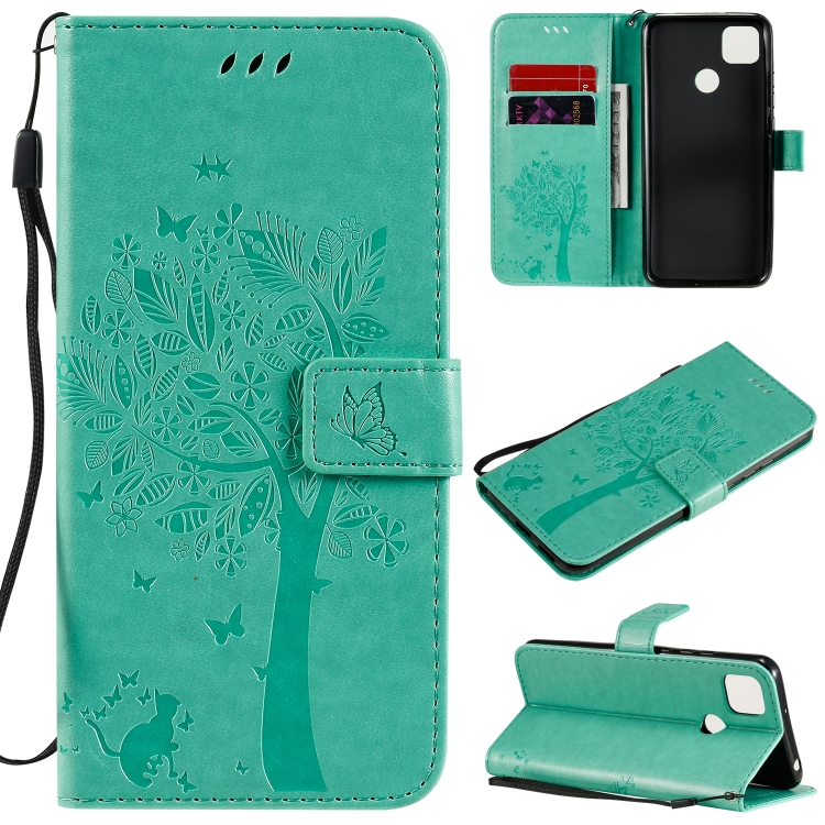 

For Xiaomi Redmi 9C Tree & Cat Pattern Pressed Printing Horizontal Flip PU Leather Case with Holder & Card Slots & Wallet & Lanyard(Green)