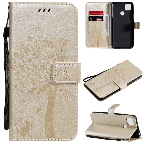 

For Xiaomi Redmi 9C Tree & Cat Pattern Pressed Printing Horizontal Flip PU Leather Case with Holder & Card Slots & Wallet & Lanyard(Gold)