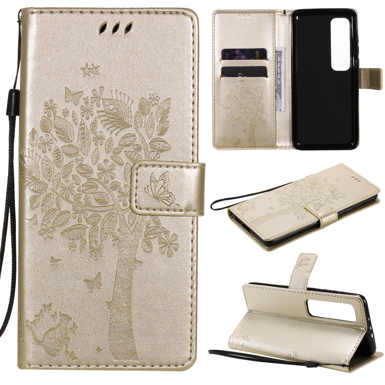 

For Xiaomi Mi 10 Ultra Tree & Cat Pattern Pressed Printing Horizontal Flip PU Leather Case with Holder & Card Slots & Wallet & Lanyard(Gold)