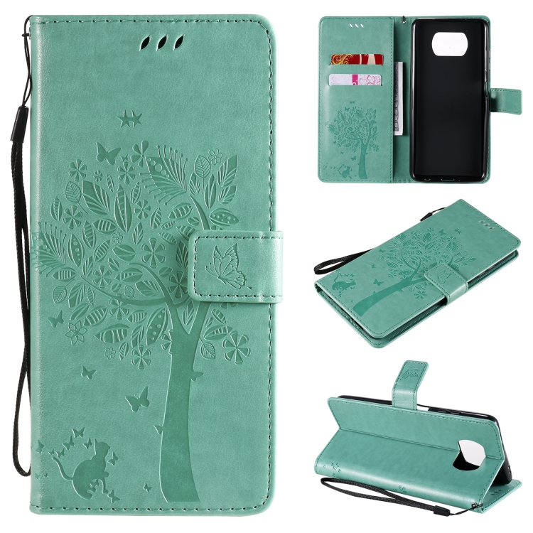 

For Xiaomi Poco X3 NFC Tree & Cat Pattern Pressed Printing Horizontal Flip PU Leather Case with Holder & Card Slots & Wallet & Lanyard(Green)
