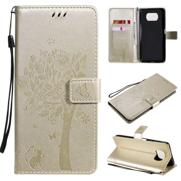 

For Xiaomi Poco X3 NFC Tree & Cat Pattern Pressed Printing Horizontal Flip PU Leather Case with Holder & Card Slots & Wallet & Lanyard(Gold)
