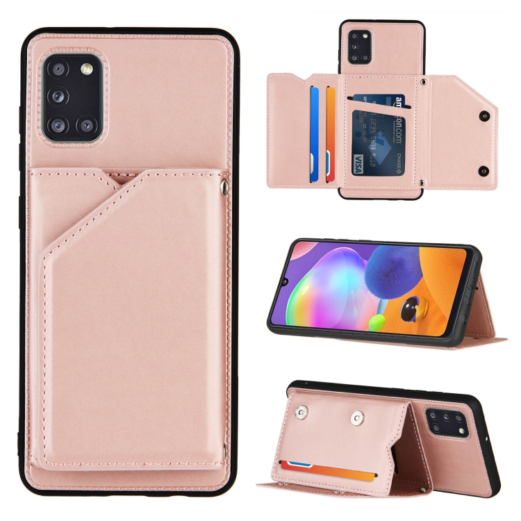 

For Samsung Galaxy A31 Skin Feel PU + TPU + PC Back Cover Shockproof Case with Card Slots & Holder & Photo Frame(Rose Gold)