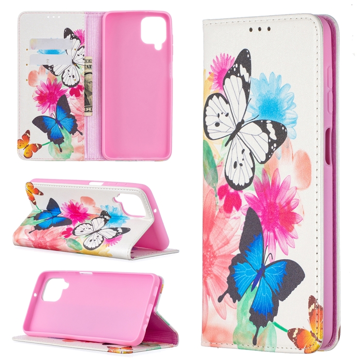 

For Samsung Galaxy A12 Colored Drawing Pattern Invisible Magnetic Horizontal Flip PU Leather Case with Holder & Card Slots & Wallet(Two Butterflies)