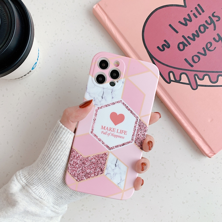 

Love Stitching Marble Pattern Shockproof Protective Case For iPhone 12(Pink)