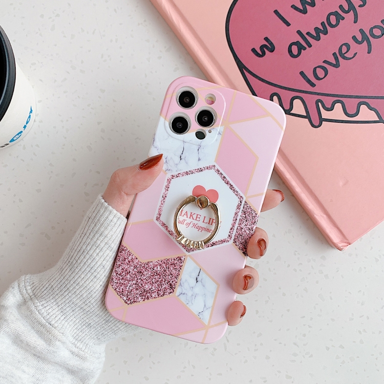 

Love Stitching Marble Pattern Shockproof Protective Case with Ring Holder For iPhone 12(Pink)