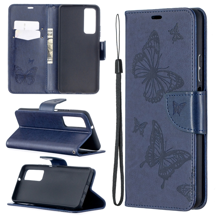 

For Huawei P smart 2021 / Y7a Two Butterflies Embossing Pattern Horizontal Flip Leather Case with Holder & Card Slot & Wallet & Lanyard(Dark Blue)