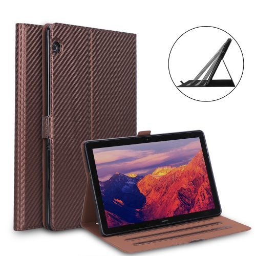 

For Huawei MediaPad T5 / Enjoy Tablet 10.1 2018 Ultra-thin Carbon Fiber Horizontal Flip PU Leather Tablet Case with 3-level Holder(Brown)