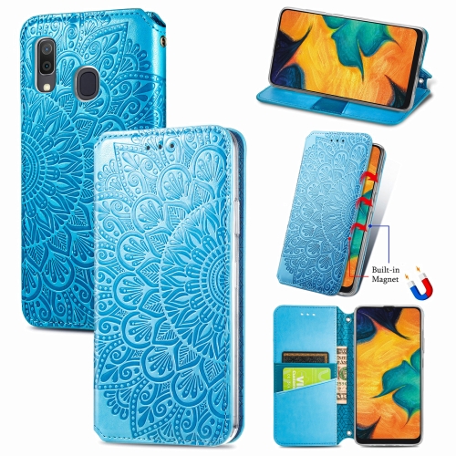 

For Samsung Galaxy A20 / A30 Blooming Mandala Embossed Pattern Magnetic Horizontal Flip Leather Case with Holder & Card Slots & Wallet(Blue)