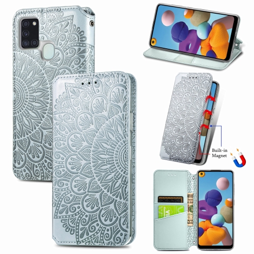 

For Samsung Galaxy A21s Blooming Mandala Embossed Pattern Magnetic Horizontal Flip Leather Case with Holder & Card Slots & Wallet(Grey)