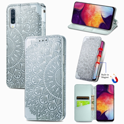 

For Samsung Galaxy A50 Blooming Mandala Embossed Pattern Magnetic Horizontal Flip Leather Case with Holder & Card Slots & Wallet(Grey)