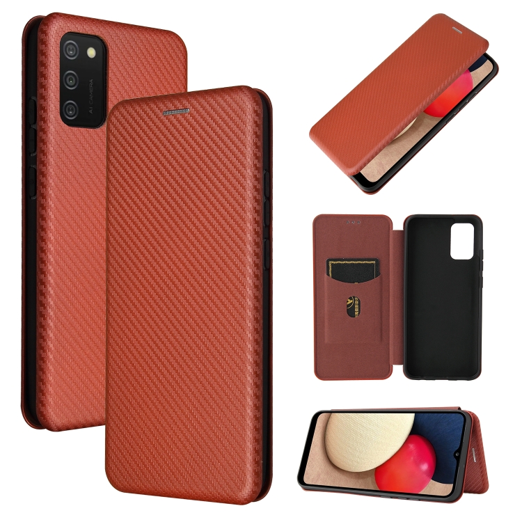 

For Samsung Galaxy A02s Carbon Fiber Texture Magnetic Horizontal Flip TPU + PC + PU Leather Case with Card Slot(Brown)