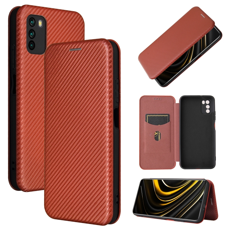 

For Xiaomi Poco M3 Carbon Fiber Texture Magnetic Horizontal Flip TPU + PC + PU Leather Case with Card Slot(Brown)