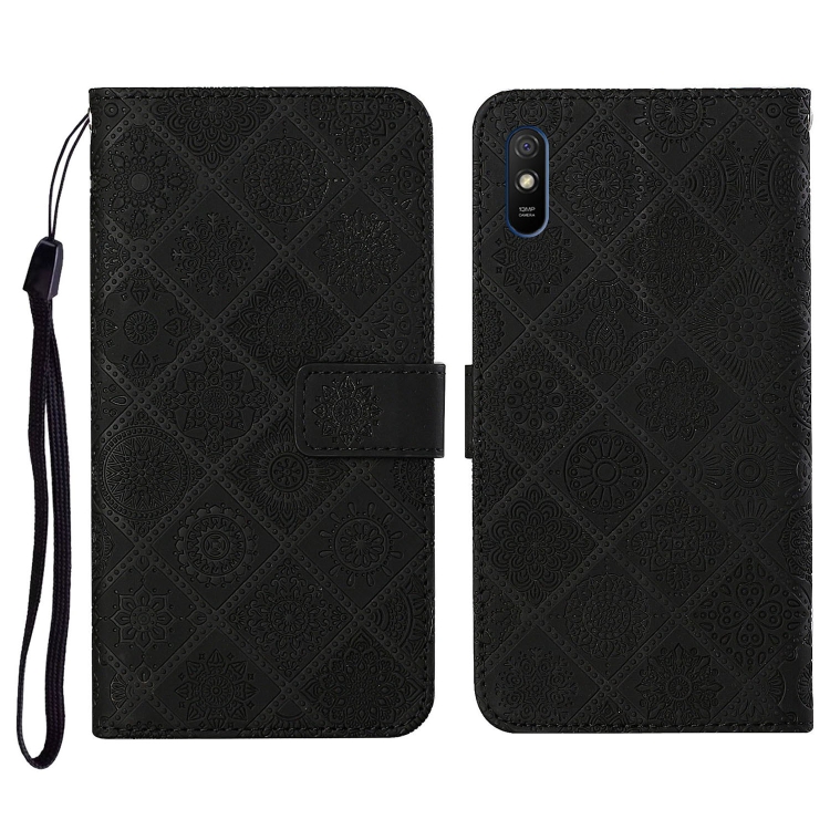 

For Xiaomi Redmi 9A Ethnic Style Embossed Pattern Horizontal Flip Leather Case with Holder & Card Slots & Wallet & Lanyard(Black)